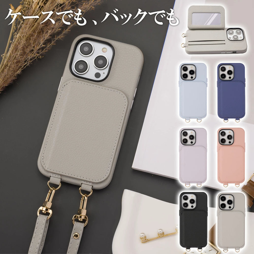 スマホケース ショルダー タイプ   Clap! iPhone ケース カード収納 ショルダー ストラップ SE 13 12 11 スマホカバー 革 スマホショルダー iphone14 ストラップ スマホケース iPhone14 ケース Pro mini 肩掛け 鏡付 背面手帳型 iPhone