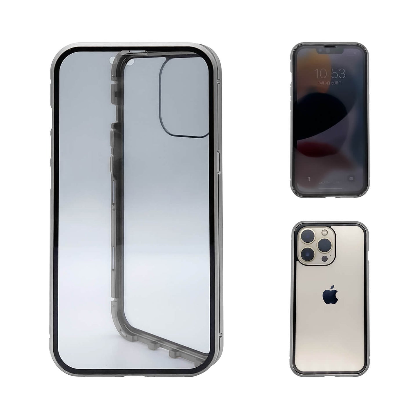 iPhone 13 pro ケース オールリスカイケース 覗き見防止仕様 クリア 前後強化ガラス アルミ マグネット