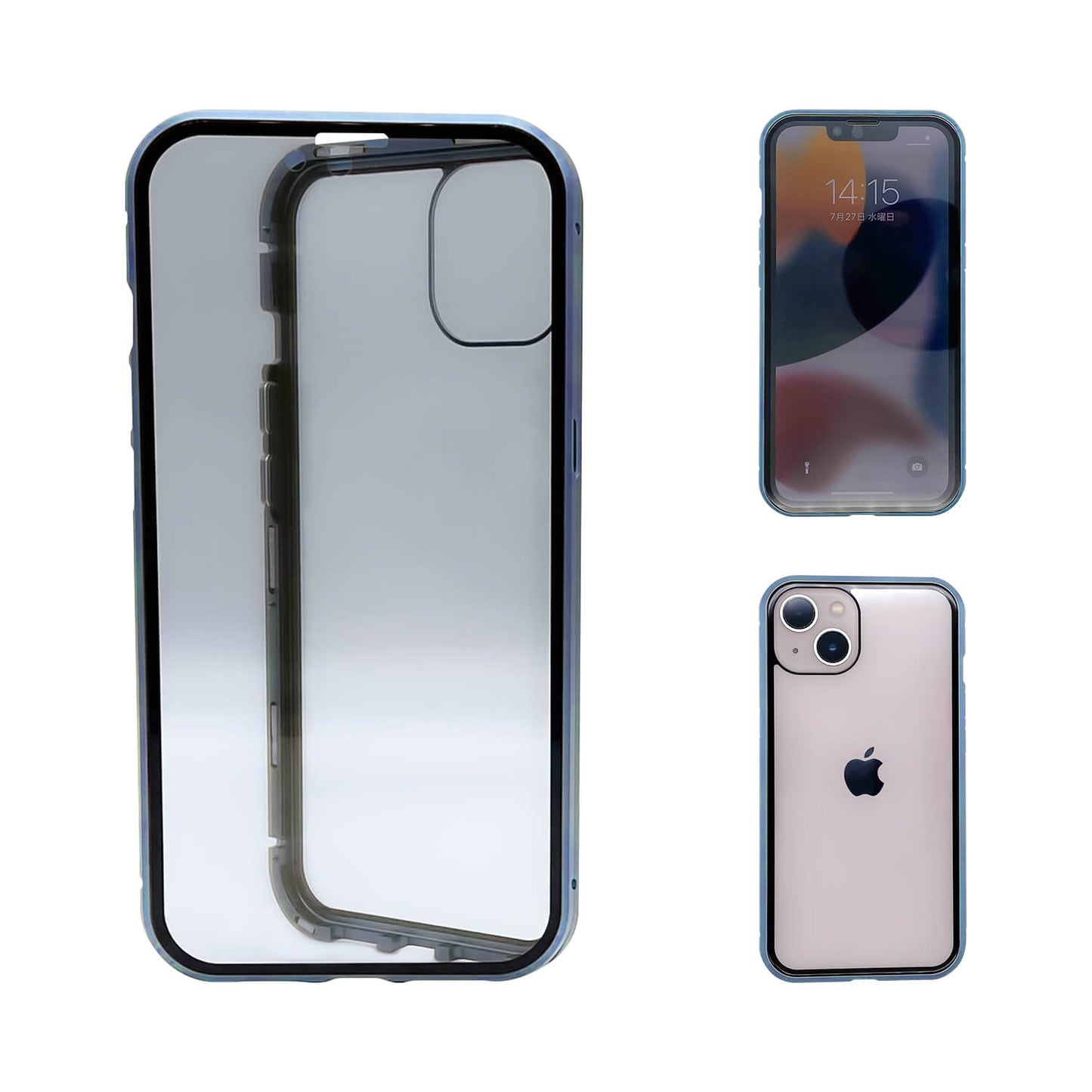 iPhone 13 ケース オールリスカイケース 覗き見防止仕様 クリア 前後強化ガラス アルミ マグネット