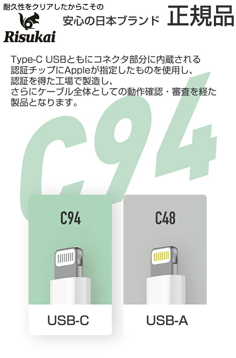 日本ブランド Apple認定 Mfi認証 リスカイ Lightning Type-c ケーブル 1m