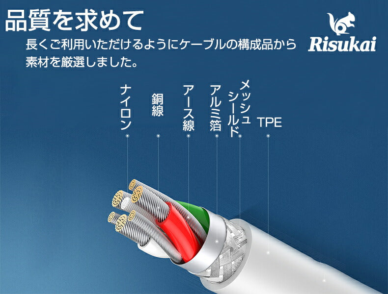 日本ブランド Apple認定 Mfi認証 リスカイ Lightning USB/Type-c ケーブル